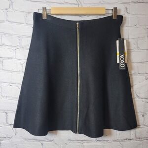XOXO Black Knit Skater Skirt Front Zipper High Waisted Flared Womans M